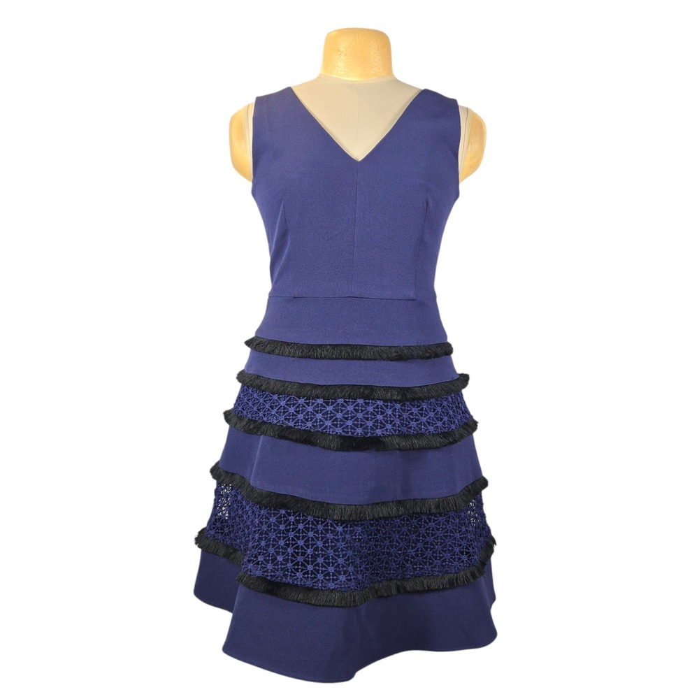 Adelyn Rae Navy Blue Tiered Fringe Crochet Lace Fit‎ Flare Cocktail Dress M Chic